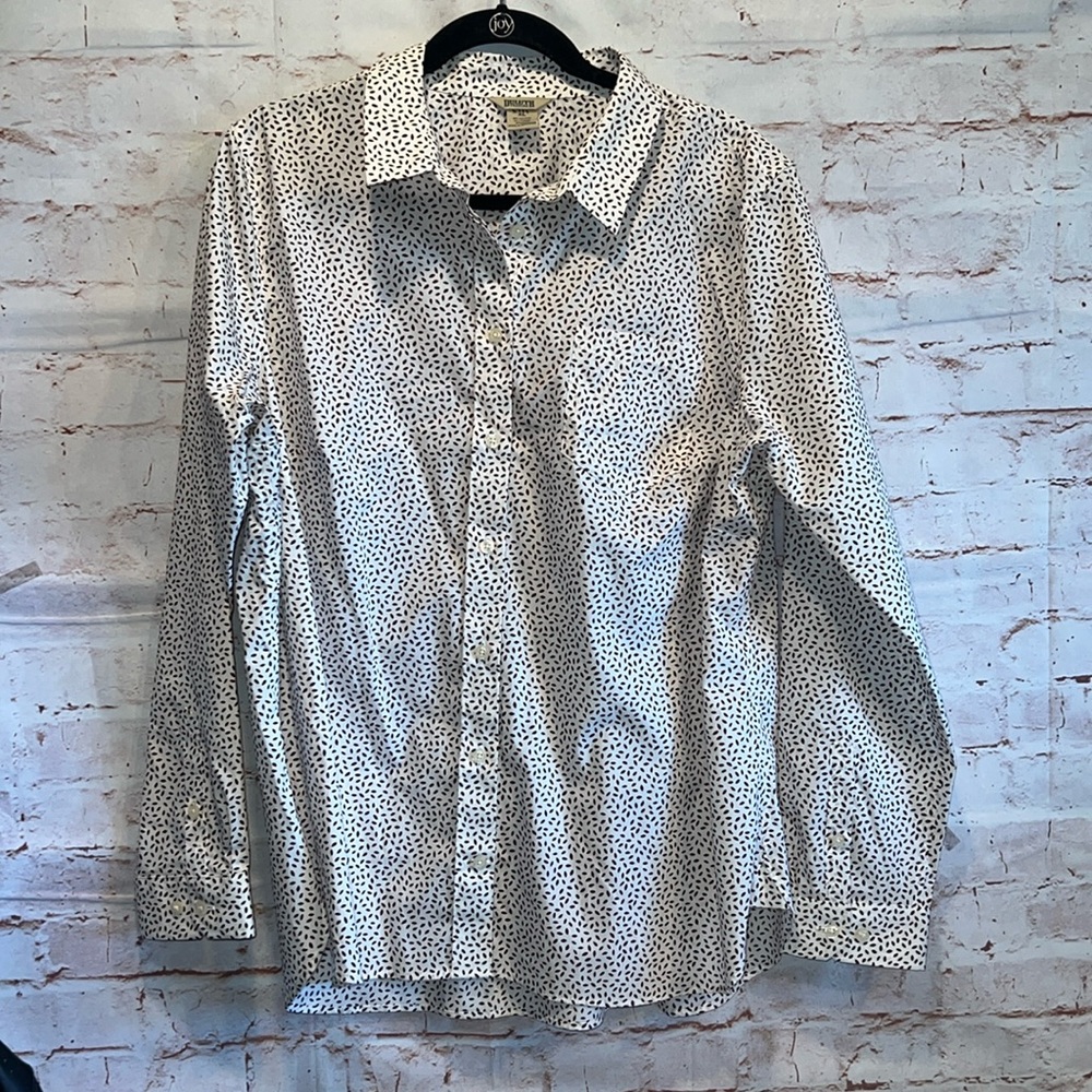 Duluth Trading Shirt Womens XL White Burgundy Long Sleeve Button Front